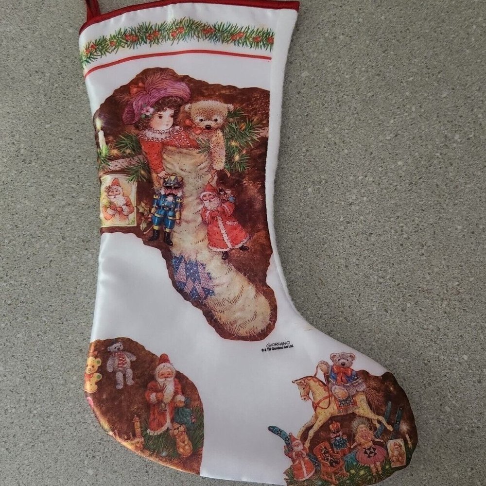 Vintage Giordano Victorian Doll Bear Christmas Stocking Felt Back Satin Front